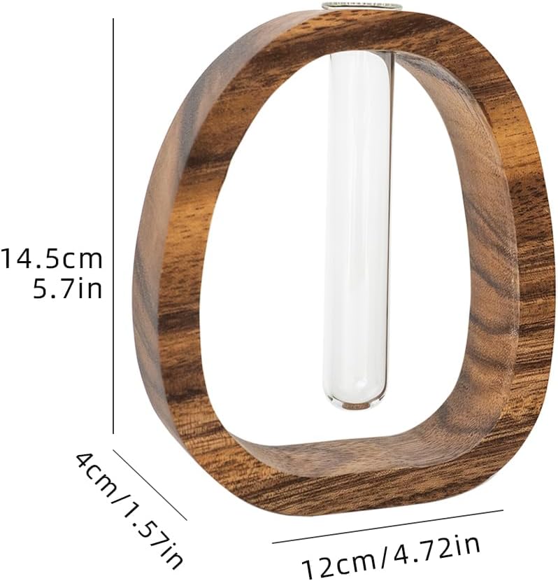 Acacia Small Wood Vase, Glass Tube Plant Propagation Station, MCM Decor